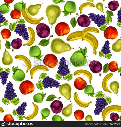 Seamless mixed organic ripe fruits pattern background with apple plum peach grapes pear and banana hand drawn sketch vector illustration