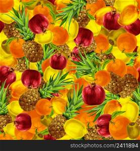 Seamless mixed ripe organic fruits pattern background with kiwi lemon orange pomegranate pineapple vector illustration