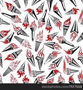 Seamless modern hand held torches pattern over white background with bright red flames and heavy handles adorned with swirling and geometric ornaments. Victory and peace theme or sporting competition concept design. Modern hand held flaming torches seamless pattern