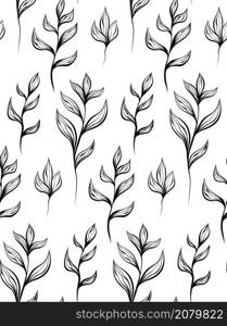 Seamless monochrome pattern with ink sketches of stems with foliage on white background. Vector outline herbal texture with branch and leaves. Contour natural wallpaper. Seamless monochrome pattern with ink sketches of stems with foliage on white background. Vector outline herbal texture with branch and leaves.