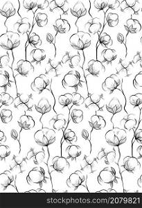 Seamless monochrome pattern with sketches of cotton plant and stems on white background. Vector outline herbal texture with stems with fluffy balls. Contour natural wallpaper. Seamless monochrome pattern with sketches of cotton plant and stems on white background. Vector outline herbal texture with stems with fluffy balls.