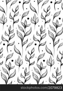 Seamless monochrome pattern with sketches of stems with foliage and dots on white background. Vector outline herbal texture with branch and leaves. Contour natural wallpaper. Seamless monochrome pattern with sketches of stems with foliage and dots on white background. Vector outline herbal texture with branch and leaves.
