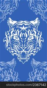Seamless monochrome pattern with white silhouette of a tiger head on blue background. Vector texture with contour of roar formidable predator. Tracery symbol of the eastern new year.. Seamless monochrome pattern with white silhouette of a tiger head on blue background.