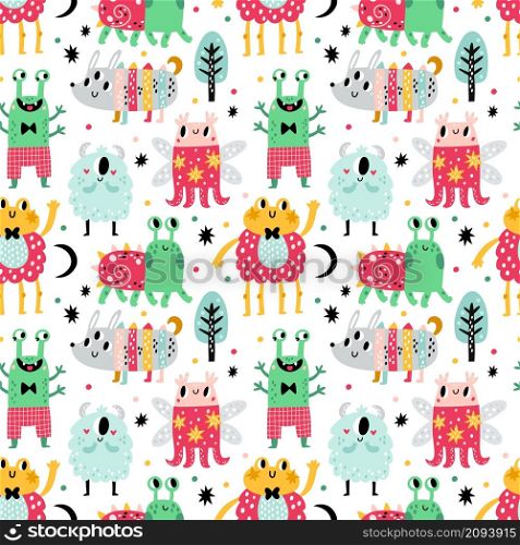 Seamless monsters pattern. Kids trendy cartoon characters, funny comic strange creatures, repeated colored cute aliens on white background. Decor textile, wrapping paper or wallpaper, vector print. Seamless monsters pattern. Kids trendy cartoon characters, funny comic strange creatures, repeated colored cute aliens on white background. Decor textile, wrapping paper, vector print