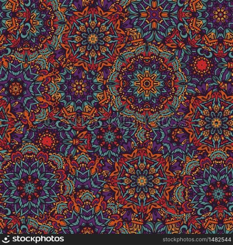 Seamless multicolor pattern with oriental mandalas. Hippie mandala pattern. Kaleidoscope elements. Fabric, wallpaper or wrap print. Seamless ethnic pattern with floral motives. Mandala stylized print template for fabric and paper.