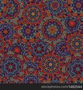 Seamless multicolor pattern with oriental mandalas. Hippie mandala pattern. Kaleidoscope elements. Fabric, wallpaper or wrap print. Seamless ethnic pattern with floral motives. Mandala stylized print template for fabric and paper.