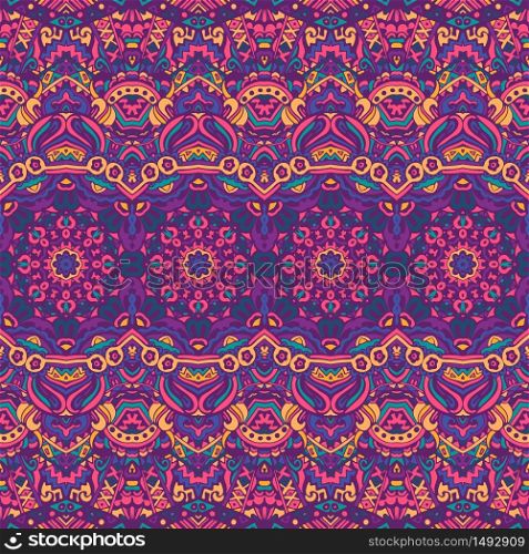 Seamless multicolor pattern with oriental mandalas. Hippie mandala pattern. Kaleidoscope elements. Floral furniture, textile print, hippie fabric wallpaper or wrap print. Abstract festive colorful floral vector ethnic tribal pattern