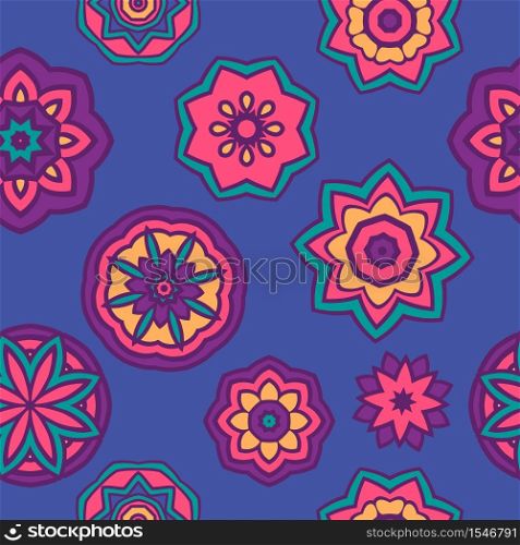 Seamless multicolor pattern with oriental mandalas. Hippie mandala pattern. Kaleidoscope elements. Fabric, wallpaper or wrap print. Seamless vector pattern mandala ornament. Vintage decorative tiled design