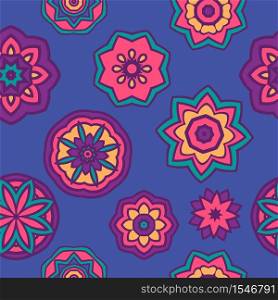 Seamless multicolor pattern with oriental mandalas. Hippie mandala pattern. Kaleidoscope elements. Fabric, wallpaper or wrap print. Seamless vector pattern mandala ornament. Vintage decorative tiled design