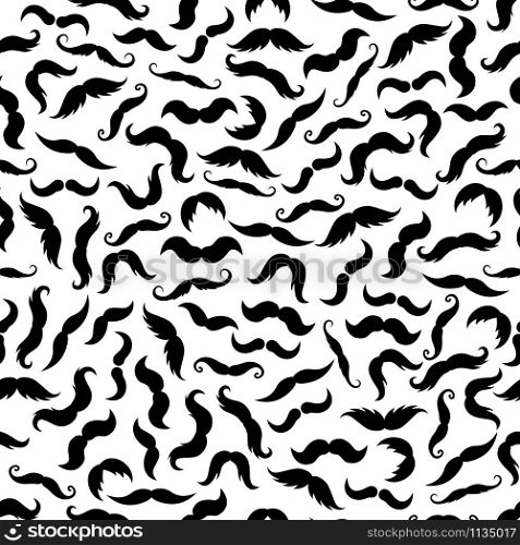Seamless mustaches background with black and white pattern of retro stylized curled and fluffy mustaches. Fashion or barber shop theme design
