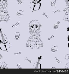 Seamless mysterious pattern with dancing girl on purple background with rum, cello and skulls. Vector outline illustration in doodle style. Cute kids collection. Halloween background
