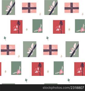 Seamless naive holiday pattern with hygge packages and plants decorations. Vector texture with sparse gift boxes top view in pastel colors and stems with foliage for wallpaper and wrapping. Seamless naive holiday pattern with hygge packages and plants decorations. Vector texture with sparse gift boxes top view in pastel colors and stems with foliage