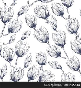 Seamless natural retro pattern with blossom garden flowers magnolia. Hand drawn vintage vector pattern. Fabric, cloth design, wallpaper, wrapping paper, cards.