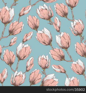 Seamless natural retro pattern with blossom garden flowers magnolia. Hand drawn vintage vector pattern. Fabric, cloth design, wallpaper, wrapping paper, cards.