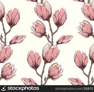 Seamless natural texture with blossom garden flowers magnolia. Hand drawn vintage vector pattern. Fabric, cloth design, wallpaper, wrapping paper, cards.