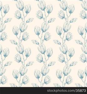 Seamless natural texture with blossom garden flowers magnolia. Hand drawn vintage vector pattern. Fabric, textile, wallpaper, wrapping paper, cards.