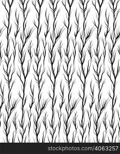 Seamless natural vector pattern with black silhouette of twigs and sprigs on a white background. Fabric swatch with leafless branches. Monochrome wooded texture.. Seamless natural vector pattern with black silhouette of twigs and sprigs on a white background. Fabric swatch with leafless branches.