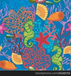 Seamless nautical pattern on blue background with sea horses, fishes, sea stars, shells, coral reef. Ready to use as swatch.