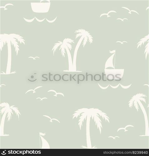 Seamless nautical pattern with silhouettes of palm trees and sailboats on the sea. Repeating summer background. Color vector illustration. Seamless nautical pattern with silhouettes of palm trees and sailboats on the sea. Repeating summer background.
