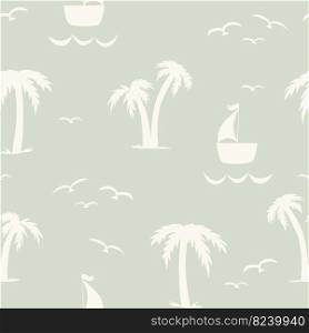 Seamless nautical pattern with silhouettes of palm trees and sailboats on the sea. Repeating summer background. Color vector illustration. Seamless nautical pattern with silhouettes of palm trees and sailboats on the sea. Repeating summer background.