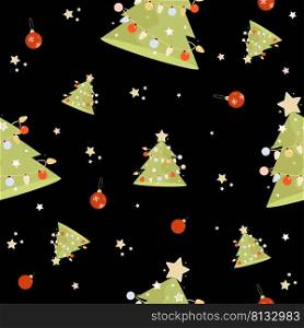 Seamless New Years pattern. Christmas tree with balls and garlands on a black background with stars. Vector illustration. For holiday decor, design, print, packaging, wallpaper and kids collection