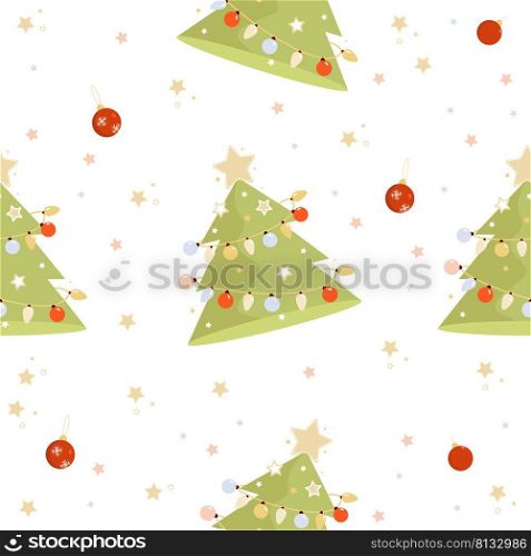 Seamless New Years pattern. Christmas tree with balls and garlands on a White background with stars. Vector illustration. For holiday decor, design, print, packaging, wallpaper and kids collection