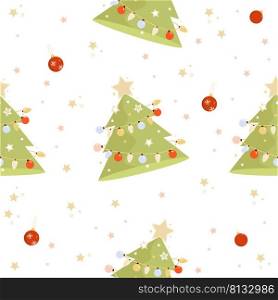 Seamless New Years pattern. Christmas tree with balls and garlands on a White background with stars. Vector illustration. For holiday decor, design, print, packaging, wallpaper and kids collection