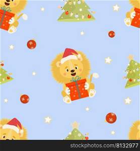 Seamless New Years pattern. Cute Santa lion with big gift on blue background with Christmas tree and Christmas balls. Vector illustration. For New Years decoration, wallpaper, packaging, textiles