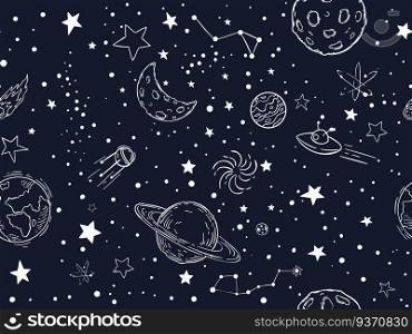 Seamless night sky stars pattern. Sketch moon, space planets and hand drawn star vector illustration. Astronomy symbols decorative texture. Cosmic wallpaper, wrapping paper, textile outline design. Seamless night sky stars pattern. Sketch moon, space planets and hand drawn star vector illustration. Outer space symbols decorative texture. Cosmic wallpaper, wrapping paper, textile outline design