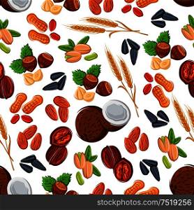 Seamless nuts and cereal pattern on white background with almond, peanut, hazelnut, walnut, pistachio and coconut, sunflower seed and ripe wheat. Nuts and cereal seamless pattern for food design