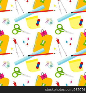 Seamless office or school stationery tools vector pattern. Back to school background. Cute kids pattern