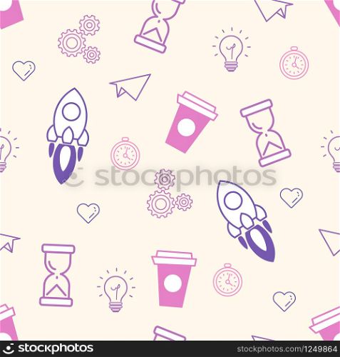 Seamless Office Pattern Doodle Vector Illustration. Rocket, Clock and Coffee Cup Texture Background. Success Business Element Paper Concept Flat Outline Design. Seamless Office Pattern Doodle Vector Illustration