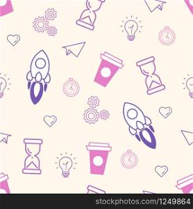 Seamless Office Pattern Doodle Vector Illustration. Rocket, Clock and Coffee Cup Texture Background. Success Business Element Paper Concept Flat Outline Design. Seamless Office Pattern Doodle Vector Illustration