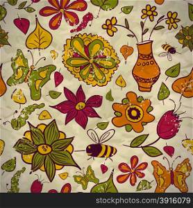 Seamless old pattern of flowers, butterflies and insects