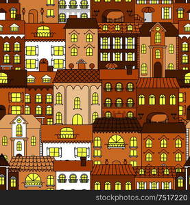 Seamless old town pattern of brown houses with vintage windows, ornamental balconies, ceramic roofs and forged lanterns. Use as architecture, travel background or real estate theme design. Old town vintage seamless pattern background