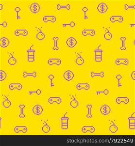 Seamless oldschool gaming inspired pattern, game icons, achievements, 90s background