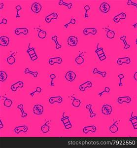 Seamless oldschool gaming inspired pattern, game icons, achievements, 90s background