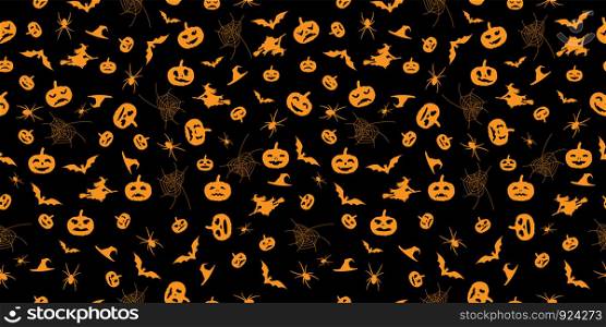 Seamless orange Halloween background with black pumpkin silhouettes, cobwebs and bats.. Suitable for textile, packaging, paper printing, simple backgrounds and texture.