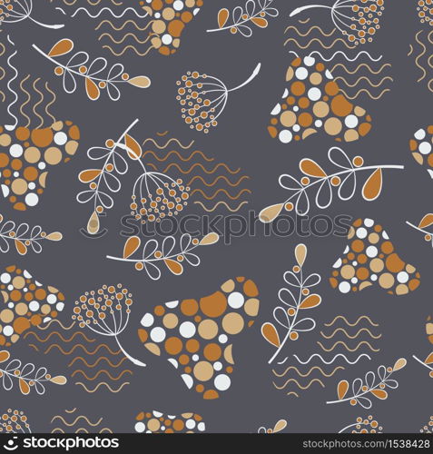 Seamless organic pattern of leaves and berries. Abstract textural background for wallpaper, wrapping paper. Background with geometric elements.. Seamless organic pattern of leaves and berries.