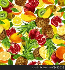 Seamless organic sliced tropical fruits background with lemon mango orange pineapple pomegranate vector illustration
