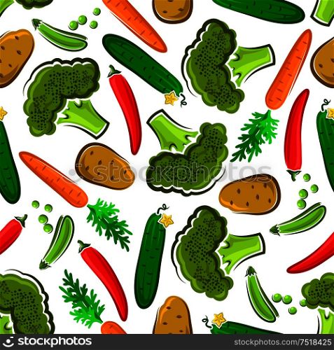 Seamless organic vegetables pattern on white background with broccoli, cucumber and green pea, carrot, hot red chili pepper and potato. Farm market design. Seamless healthy fresh vegetables pattern