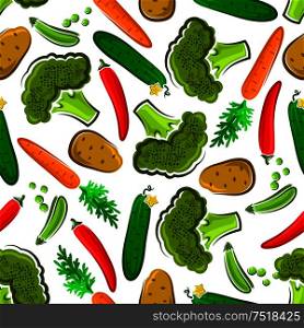 Seamless organic vegetables pattern on white background with broccoli, cucumber and green pea, carrot, hot red chili pepper and potato. Farm market design. Seamless healthy fresh vegetables pattern