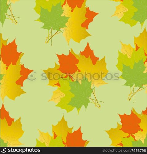 seamless ornament composed of bouquets of colorful maple leaves on a green background