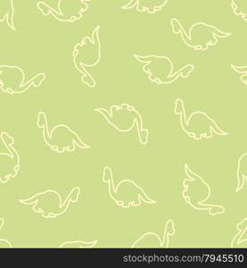 Seamless ornament for background, composed of silhouettes of little green dinosaurs on a green background