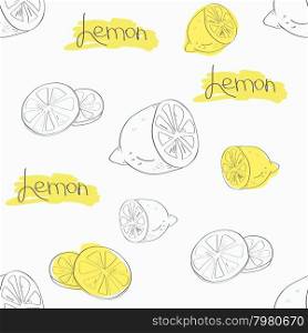 Seamless ornament Graphic image several sliced lemons and sliced pieces of lemon with the inscription. Vector illustration.