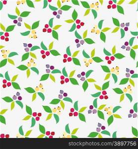 Seamless ornament made of colorful small round berries with green leaves on grey .