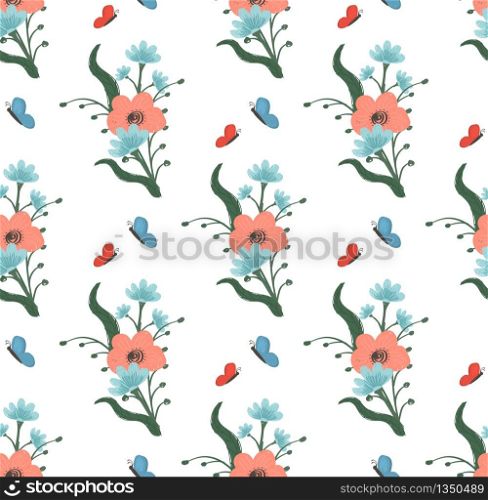 Seamless Ornament of Colorful Flowers with Butterflies on White Background. Cute Doodle Plants Creative Floral Texture for Fabric or Textile. Botanical Ornament, Print Cartoon Flat Vector Illustration. Seamless Ornament of Colorful Flowers Butterflies