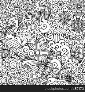 Seamless ornamental full frame background composed of pretty geometric flowers and other artful elements. Seamless ornamental full frame background