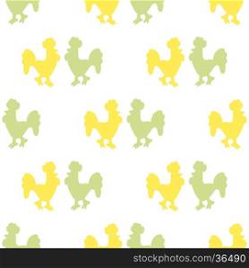 Seamless ornamental pattern composed of silhouettes of colorful roosters on a light background.