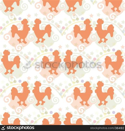 Seamless ornamental pattern composed of silhouettes of the red roosters on a fictional fantasy background.